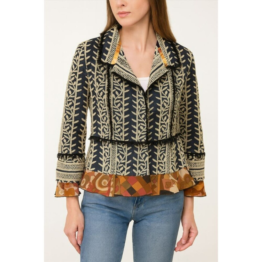 Hapari Tapestry Jacket Womens S Embroidered Burnt Orange Silk Trim BOHO Festival